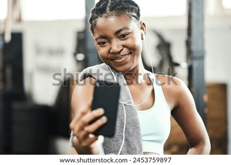 Gym, fitness or happy black woman in selfie on workout, exercise or training break for social media. Relax, sports or healthy African girl in photo for online profile picture with smile or wellness
