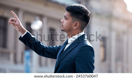 Business man, street and stop taxi with hand, wave and waiting on metro sidewalk for urban travel. Person, thinking and point for sign to call cab on road, traffic and direction for transport in city