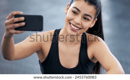 Selfie, smile and woman in gym, sportswear and training for health, strong and muscle for profile picture. Social media, athlete and girl with fitness, happiness and workout in club and exercise
