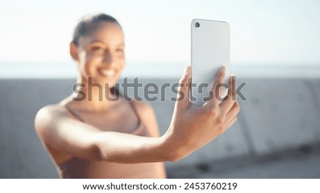 Happy woman, fitness and memory with selfie for photography, picture or outdoor moment in nature. Active or young female person, runner or athlete with smile for technology or health and wellness