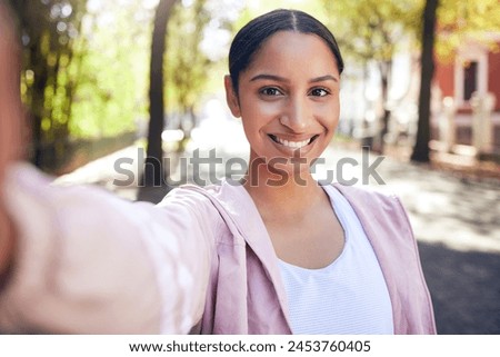 Fitness, outdoor and girl in portrait for selfie with smile for social media, post update or profile picture. Exercise, happy woman and hand gesture for photography, memory or walking in nature