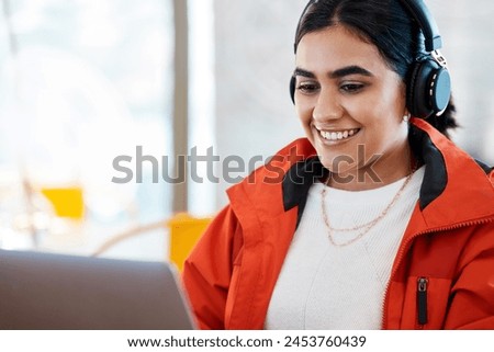 Woman, student and happy with laptop or headphones for streaming service, podcast and entertainment on study break. Female person, university learner and smile for music playlist, album and videos