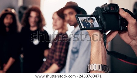 Person, hands and camera screen as paparazzi with celebrity photography or musician, fan or creativity. Professional, friends and backstage pictures of people as photo journalist, press or production