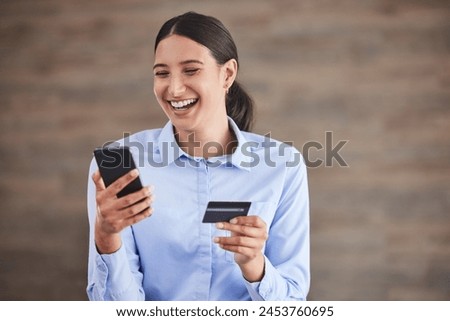 Business person, phone and online shopping in an office with tech break, buying and store website scroll. Company, technology and mobile of a professional with purchase and digital app of worker Royalty-Free Stock Photo #2453760695