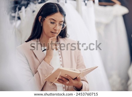 Thinking, woman or fashion designer with book for clothes ideas in store, dream or brainstorming at retail startup. Vision, tailor or creative worker planning with journal at boutique for inspiration