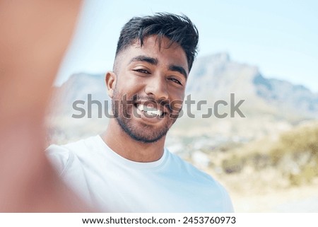 Happy man, portrait and fitness with selfie for memory, photography or picture on mountain in nature. Face of young male person or athlete with smile for workout moment, exercise or training review