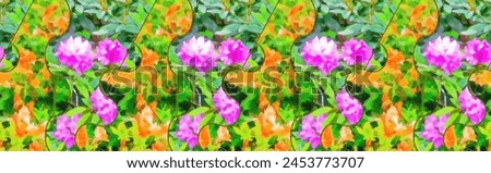 Website design element. Raster pattern, seamless nature ornament stripe. Seamless horizontal framing with nature motifs. Seamless brick fence frame. Watercolor. Digital painting. Natural landscape.