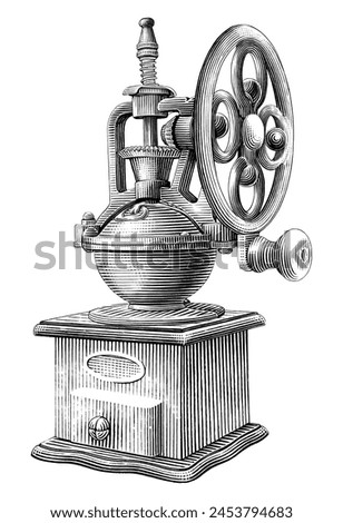 Antique coffee grinder hand draw vintage engraving style black and white clip art