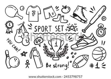 Sport elements doodle. Funny hand drawn Cute cartoon black and white collection. Vector illustration