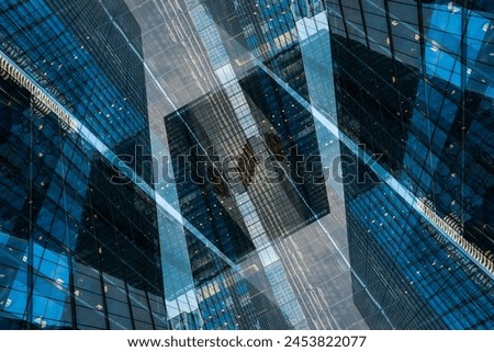 symmetry and mirrored geometry pattern, reflected skyscrapers and modern buildings abstract background, lines and tunnel futuristic technology concept