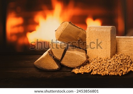 biomass heating. firewood, pellets and briquettes on wood burning fireplace background. sustainable, carbon neutral and renewable fuel