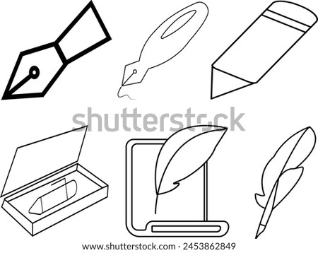 Vector illustration isolated on white background.School clip art collection.Template For Mockup Branding Stationery and Corporate Identity. Pen and feather pen collection icon set symbol illustration 