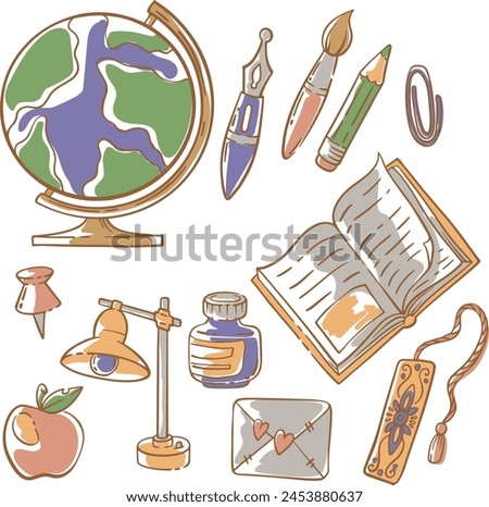 set of school items study institute book globe pen pencil brush