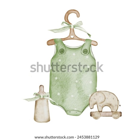Children's clothing and retro toys. Hand drawn watercolor in boho style on isolated white background. Clip art bodysuit on a hanger, wooden toy and milk bottle. Ideal for birthday cards and