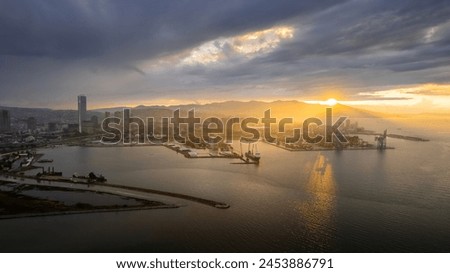 Aerial view of customs harbour at Izmir bay Turkey, sunset. Royalty-Free Stock Photo #2453886791