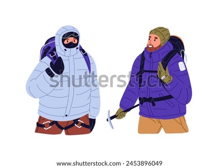 Alpinists with equipment: backpacks, safety rope, ice axe. Hiker climbing to mountain in winter travel. Climbers hiking, trekking, mountaineering. Flat isolated vector illustration on white background