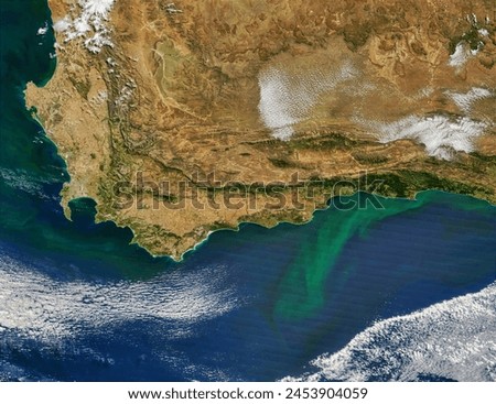 Phytoplankton bloom along the coast of South Africa. . Elements of this image furnished by NASA.