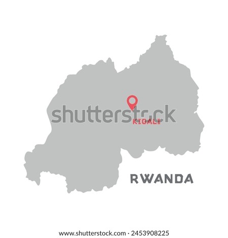 Rwanda vector map illustration, country map silhouette with mark the capital city of Rwanda inside. Map of Swanda vector drawing. Filled version illustration isolated on white background.