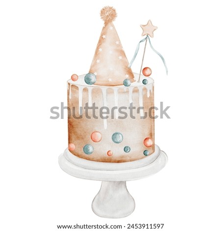 Birthday cake watercolor. Vintage illustration hand drawing of a holiday pie. Clip art isolated on white background sweet pastries. Ideal for designing baby shower and birthday cards and invitations