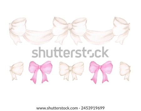 Set of borders with bows isolated on a white background. Watercolor bows in white and pink colors. Cute horizontal tape for scotch tape, scrapbooking, textile tape. Design of congratulations, postcard