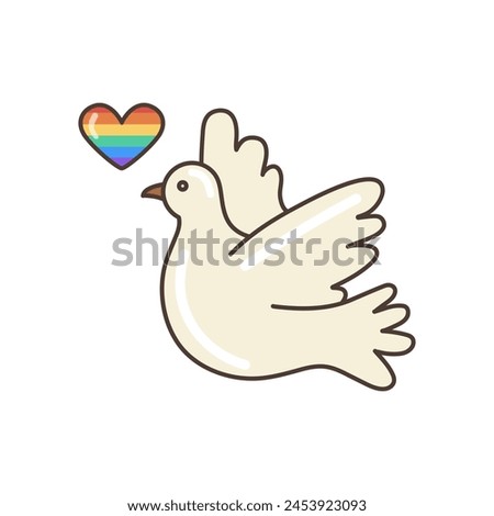 Peace flying dove with LGBT colored heart icon. Illustration in cartoon style. 70s retro clipart vector design.