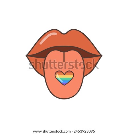 A mouth with lips and a heart on the tongue. The heart is made in the colors of the LGBT flag. A flat illustration in the style of the 70s.