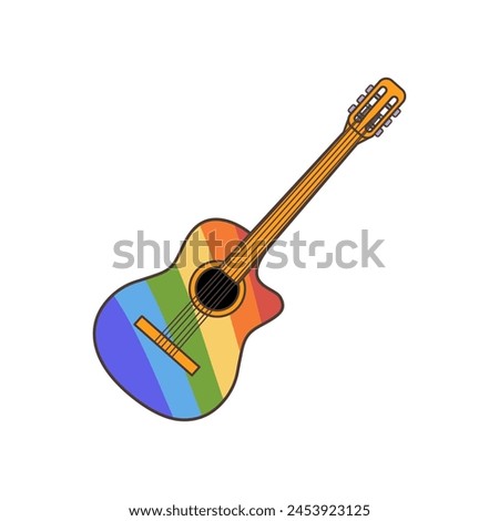 LGBT flag colored acoustic guitar icon. Illustration in cartoon style. 70s retro clipart vector design.