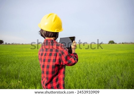 picture of an Asian girl Wear a red plaid shirt and a yellow helmet. Stand face the green rice field along with find information about farm from the black tablet in hand. green rice field background