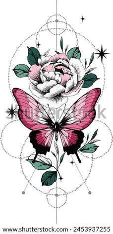 Butterfly Tattoo, common peony, mystic symbol. Flower with string of beads. Vintage decorative elements. Vector illustration art. Traditional art tattoos.