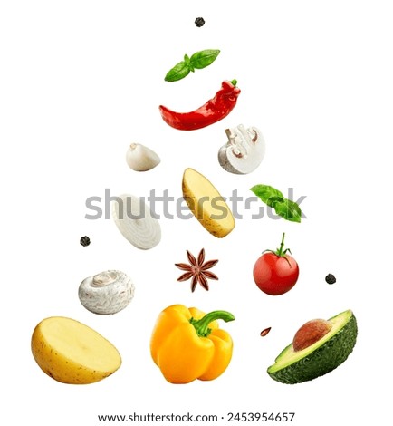 Advertising studio shot of assorted fresh vegetables isolated on white background. Healthy vegetables: potatoes, peppers, onions, mushrooms, avocado, spices. High resolution design elements, retouched