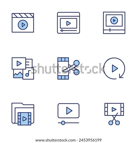 Video icon set. Duo tone icon collection. Editable stroke, multimedia, video, video folder, advertising, film editing, online learning.