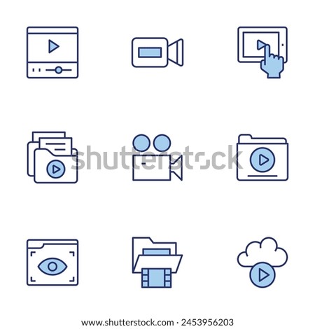 Video icon set. Duo tone icon collection. Editable stroke, tablet, camera, video files, video folder, player, view, cloud.