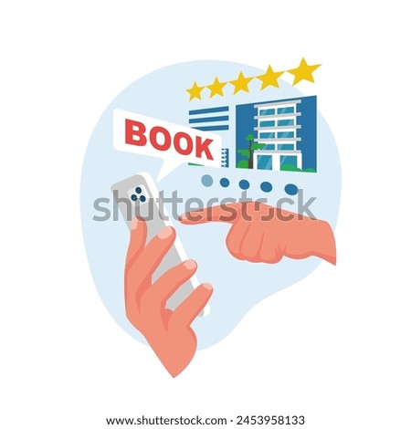 Online booking concept. Client holds the phone in hand with the application for rental housing, against the backdrop big city. Vector illustration flat design. Isolated on white background.