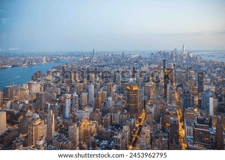 Sunset view of Manhattan city skyline in NYC, USA