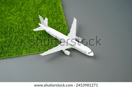 Eco-friendly airlines. The plane leaves a trail of green grass behind it. Transition to environmentally friendly fuels or electric traction. Technological innovations in aviation industry. Royalty-Free Stock Photo #2453981271