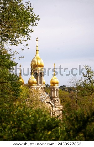 picture of the orthodox church in wiesbaden, trees and branches in the foreground, photographed in spring, slightly cloudy sky