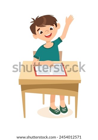 Smiling pupil raised his hand. Flat vector illustration in cartoon style.