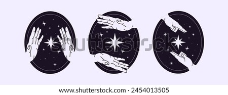 Oval shape icons with hands and stars set. Spiritual, esoteric gestures with space. Magic meditation emblems, occult decor in minimal style. Astrology symbols. Flat isolated vector illustrations.
