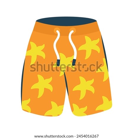 Orange shorts with yellow starfish for the beach. Vector illustration, clothes icon, eps 10