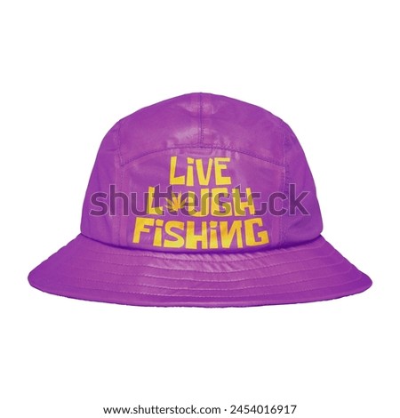 Handmade fashionable bucket hat in purple, made from waterproof semi-plastic fabric, with vibrant writing, suitable for those of you who dare to be different.