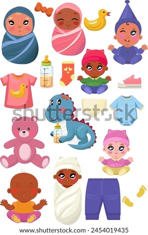 Baby clipart set for mammy, boys, girls, baby shower party. Different collection with newborn babies, animals, toys, kid clothes. Vector illustration