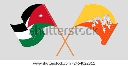 Crossed and waving flags of Jordan and Bhutan. Vector illustration
