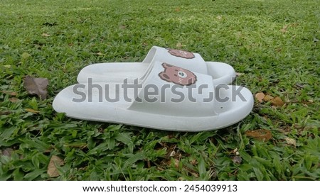 a pair of white sandals with a picture of a bear on the park grass