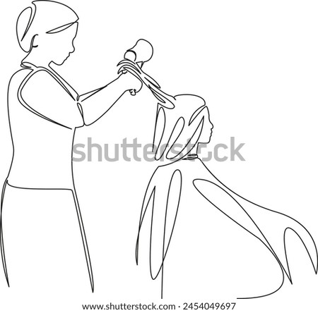 One continuous single drawing line art flat doodle professional, woman, hairdresser, hair, work, haircut, hairdo. Isolated image hand draw contour on a white background, hand drawn, not AI Royalty-Free Stock Photo #2454049697