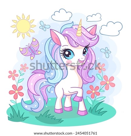 A cute cartoon unicorn walks in a clearing with flowers and butterflies. Theme of magic and sorcery. For children's design of prints, posters, cards, stickers, puzzles, etc. Vector illustration