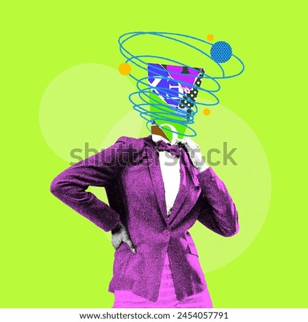 Female employee in purple jacket with doodles over head on bright green background. Head of creative marketing department. Contemporary art collage. Concept of surrealism, business, idea. Poster, ad