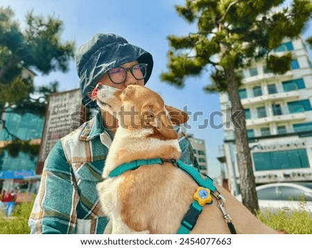 Men with dog happy family picture Welsh corgi puppy stock photo