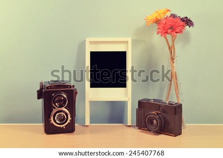 Vintage Home decor : Old Cameras, photo frame  and flower on a blue wall shelf
