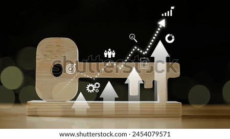 Wooden key with investor business start-up, target, goal action plan for success growth. Finance technology investment concept. Trader analyze financial invest in stock market, fund digital asset plan