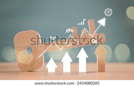 Business start-up, target, goal action plan for success growth. Finance technology investment concept. Wooden key with investor trader analyze financial invest in stock market, fund digital asset plan